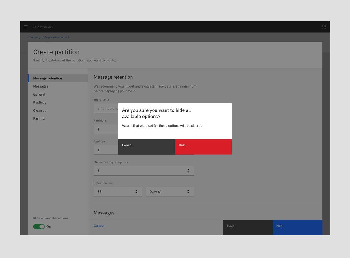 Toggle view - hide all available options warning modal Toggle view - hide all available options warning modal